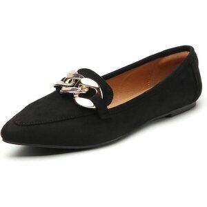 Women's Suede Black Buckle Chain Slip On Pointed Toe Stylish Flats Loafers Shoes